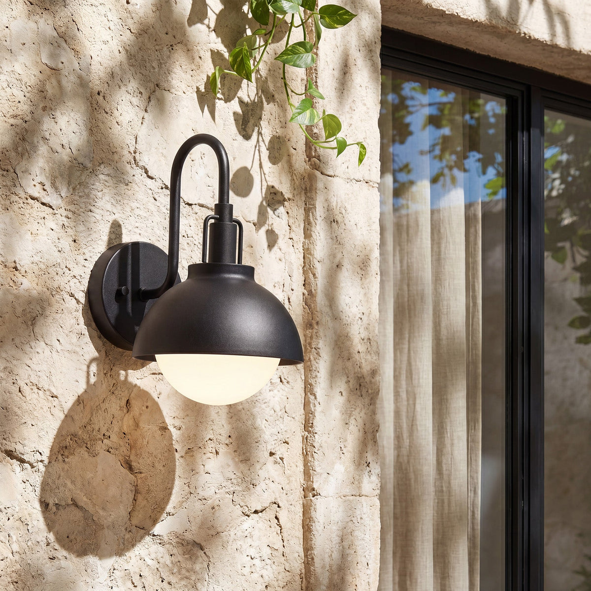Black Outdoor Wall Lantern, Gooseneck Frosted Glass Porch Light