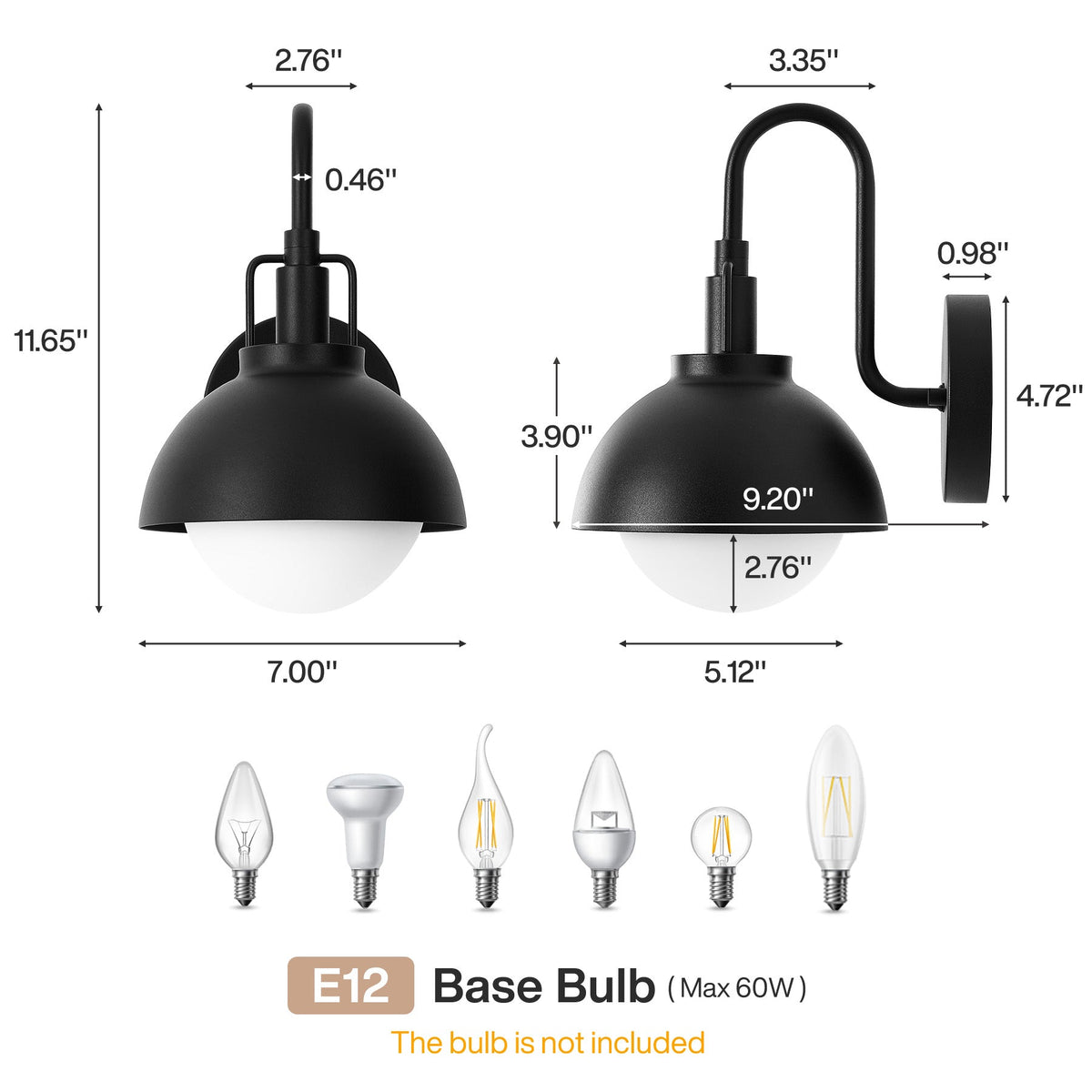 Black outdoor wall lantern with gooseneck arm, frosted glass shade, and E12 base bulb dimensions shown
