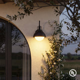 Black outdoor wall lantern with frosted glass, mounted on stucco wall beside flowering vine