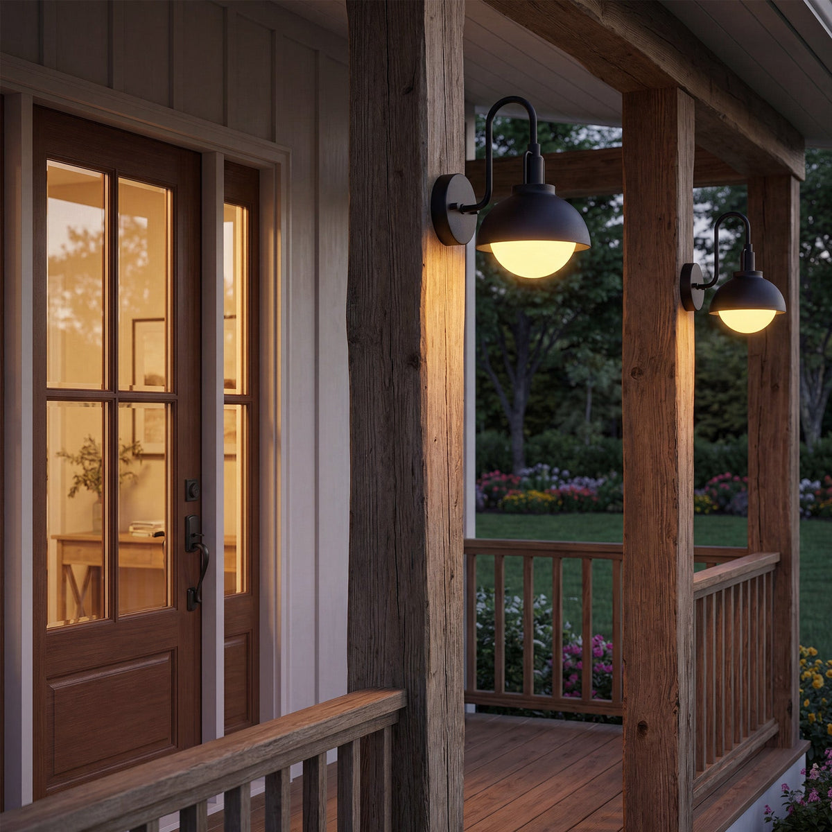 Black gooseneck outdoor wall lantern with frosted glass, mounted on wooden porch post
