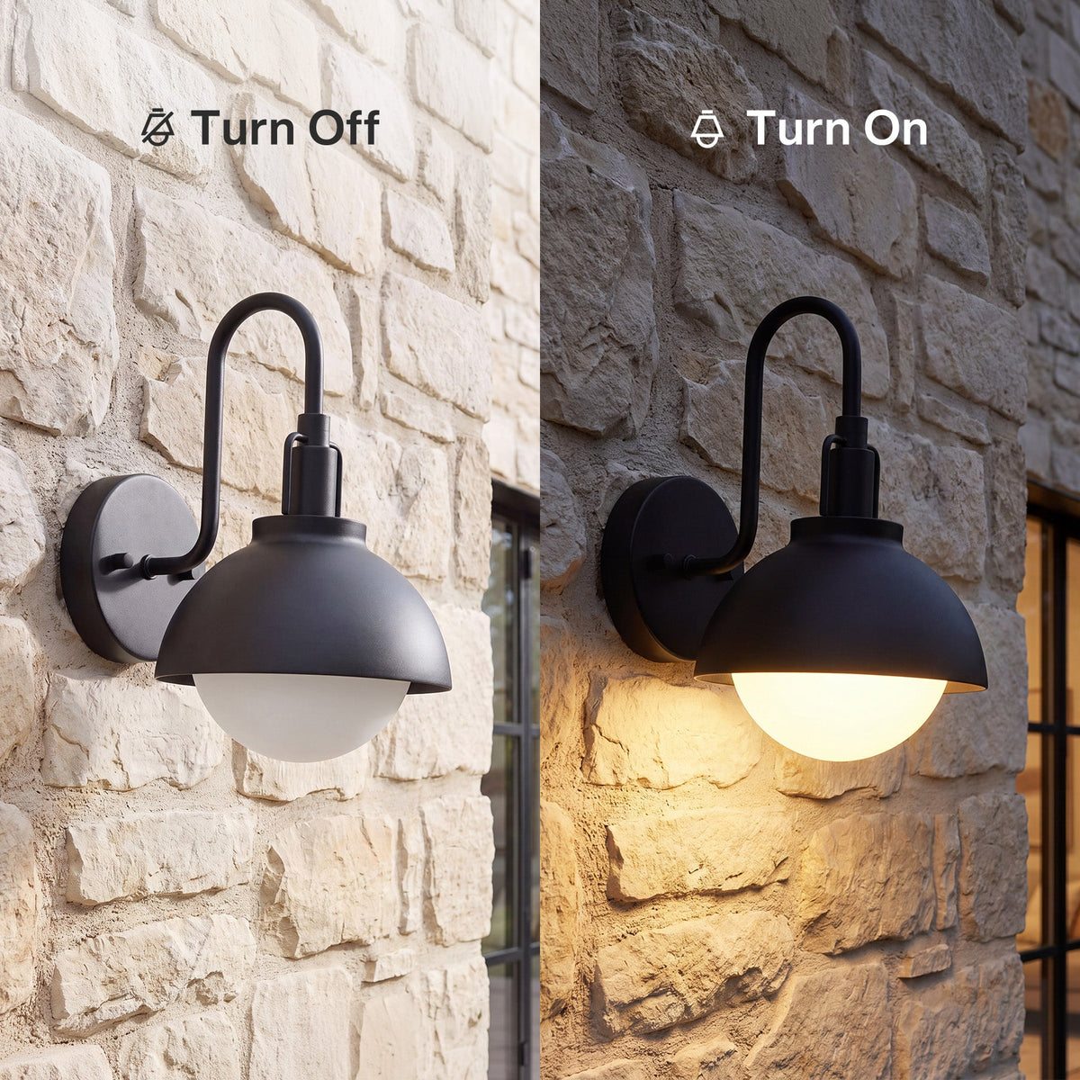 Black outdoor wall lantern with frosted glass shade, shown off and on against stone wall