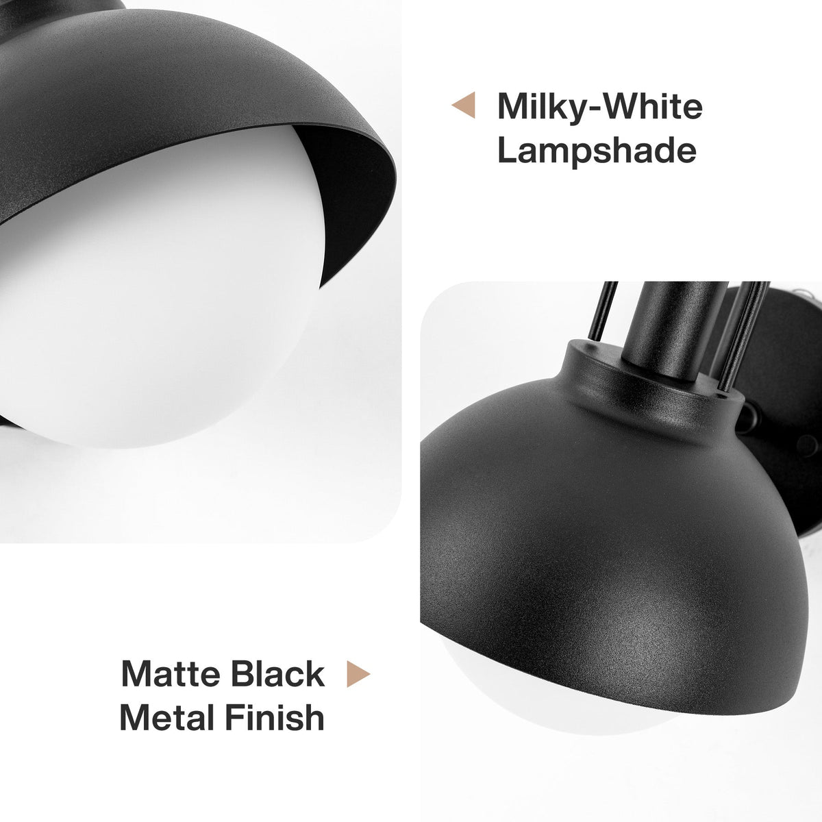 Black outdoor wall lantern with matte black metal finish and milky-white frosted glass shade