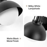 Black outdoor wall lantern with matte black metal finish and milky-white frosted glass shade
