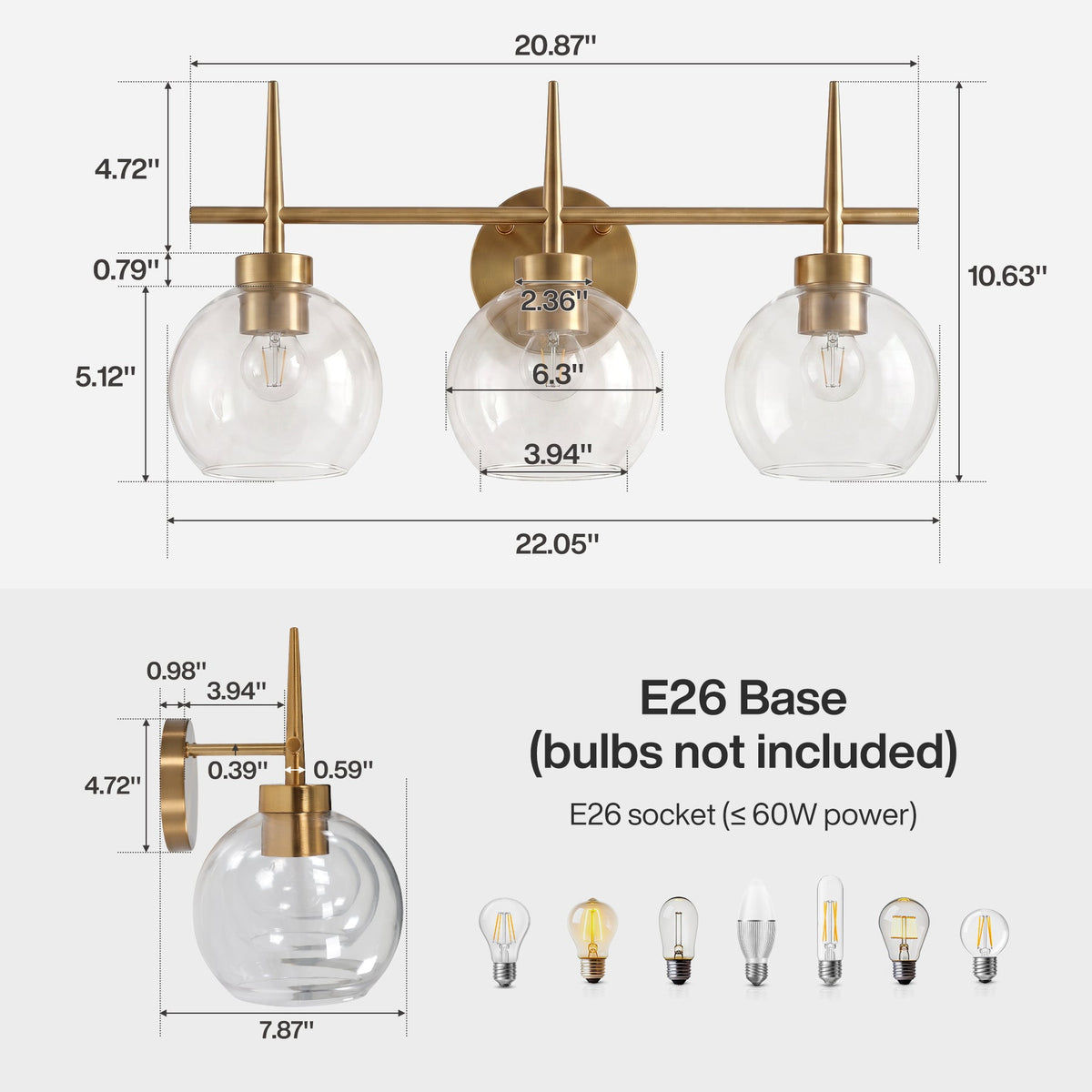 Brushed brass three-light vanity light with clear globe shades, dimensions 22.05" x 10.63" x 4.72