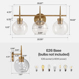 Brushed brass three-light vanity light with clear globe shades, dimensions 22.05" x 10.63" x 4.72