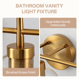 Close-up of brushed brass bathroom vanity light fixture showing metal pole and mounting plate