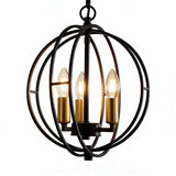 Black metal globe cage pendant light with three gold-finished bulbs, shown from front angle