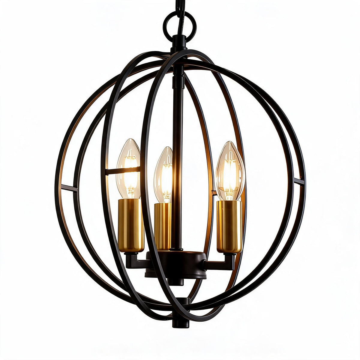 Black and Gold Globe Cage Pendant Light, Three-Light Farmhouse Chandelier