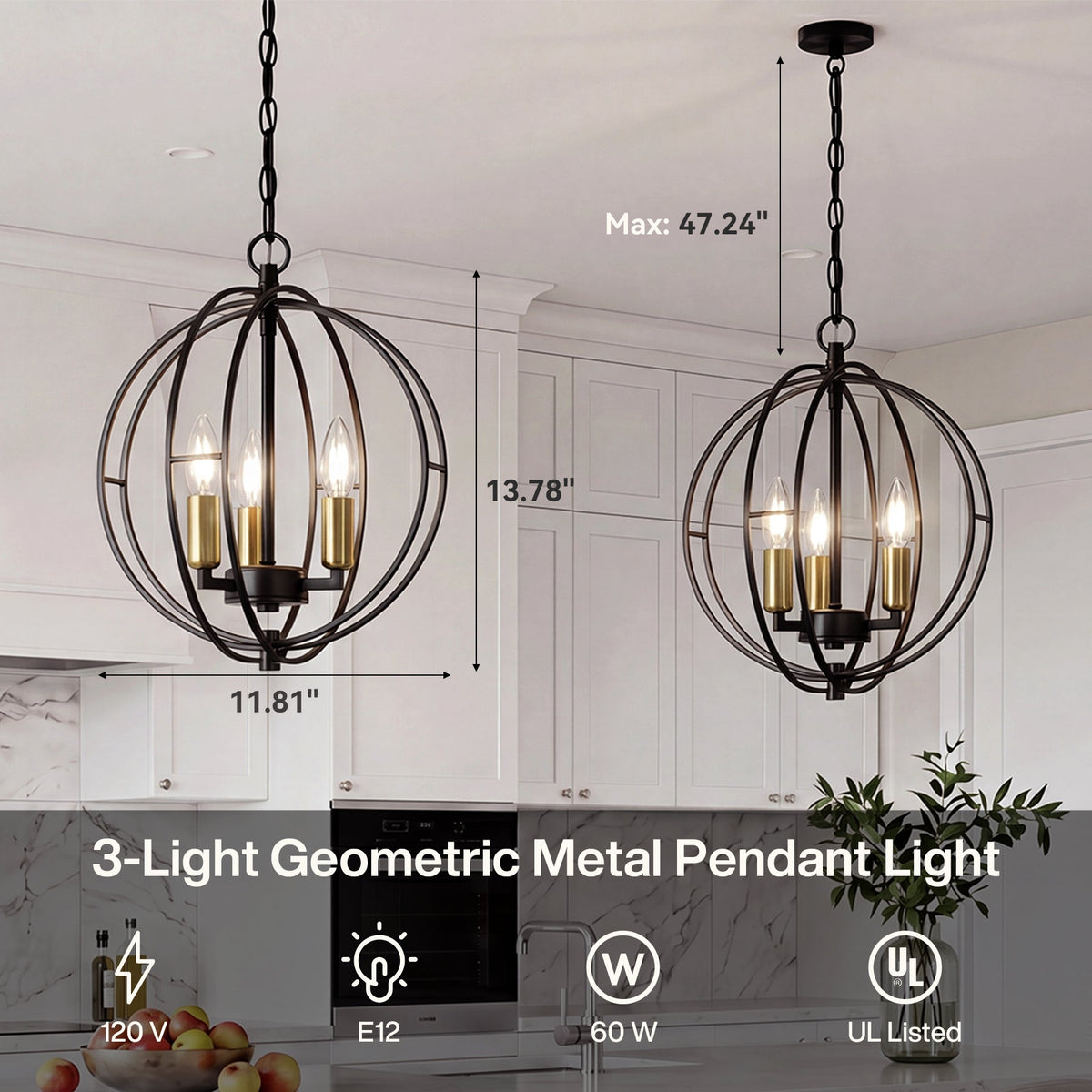 Black and gold geometric metal pendant light, 11.81" wide, shown in kitchen setting