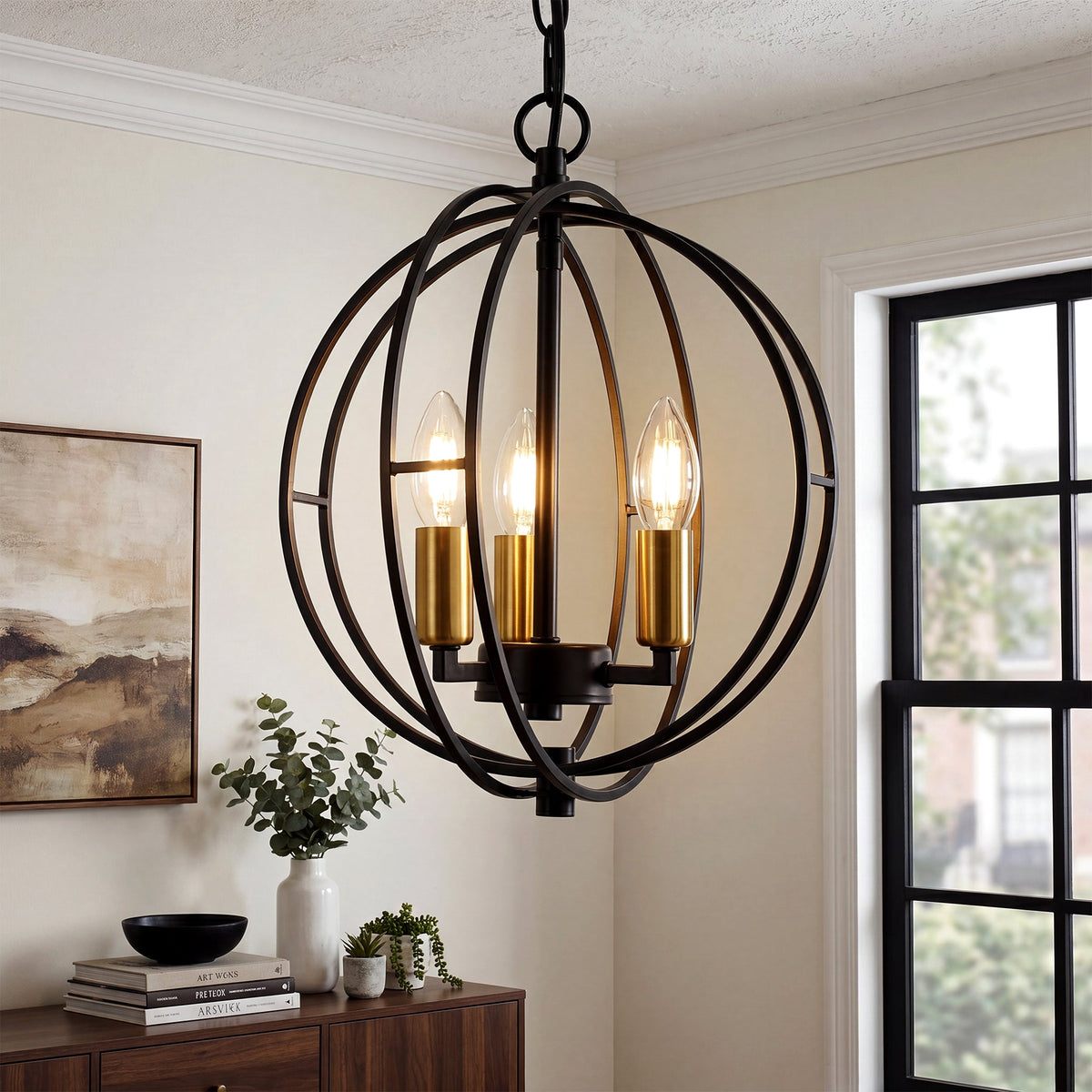 Black and Gold Globe Cage Pendant Light, Three-Light Farmhouse Chandelier