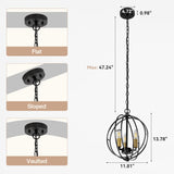 Black globe cage pendant light with gold accents, 13.78" tall, shown with chain and ceiling mount dimensions