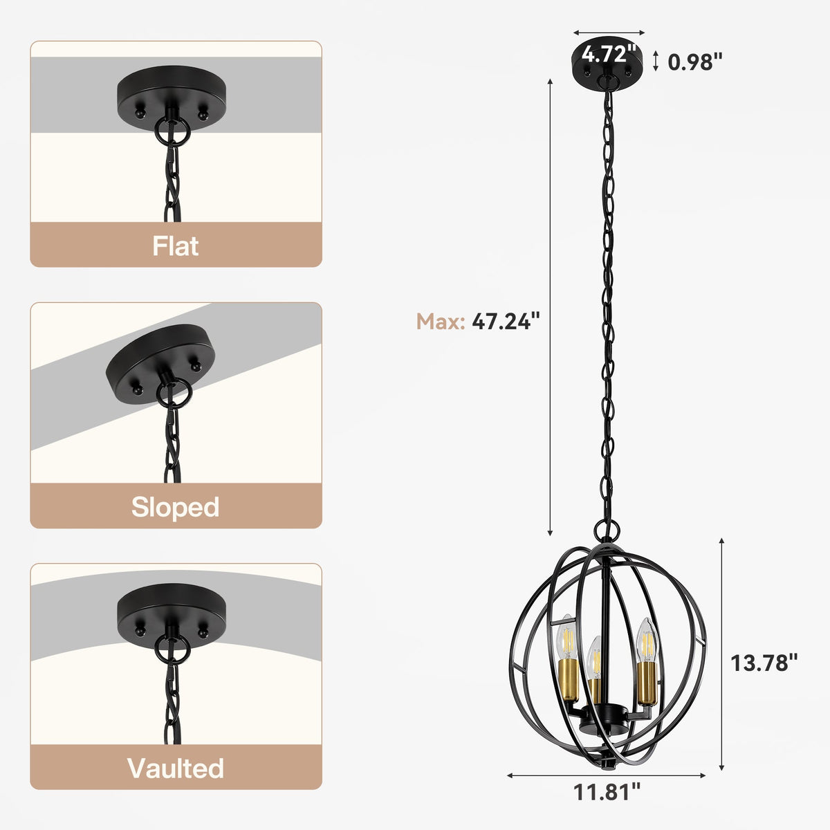Black and Gold Globe Cage Pendant Light, Three-Light Farmhouse Chandelier