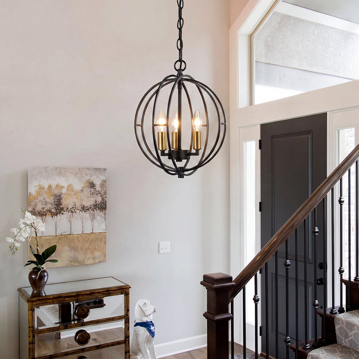 Black and Gold Globe Cage Pendant Light, Three-Light Farmhouse Chandelier