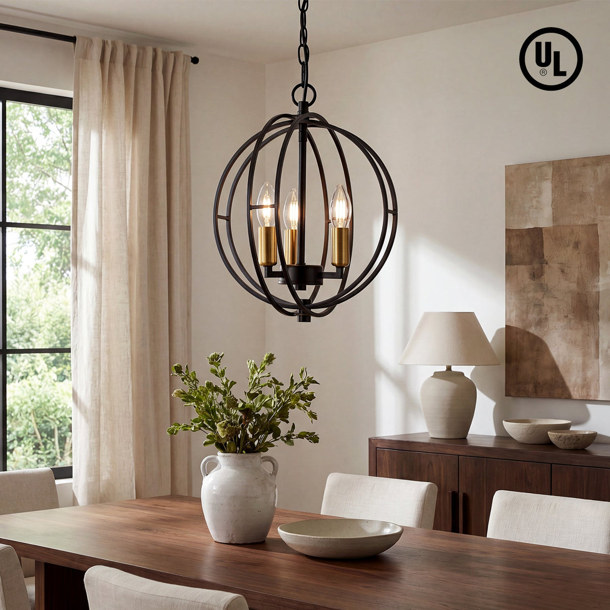 Black and Gold Globe Cage Pendant Light, Three-Light Farmhouse Chandelier
