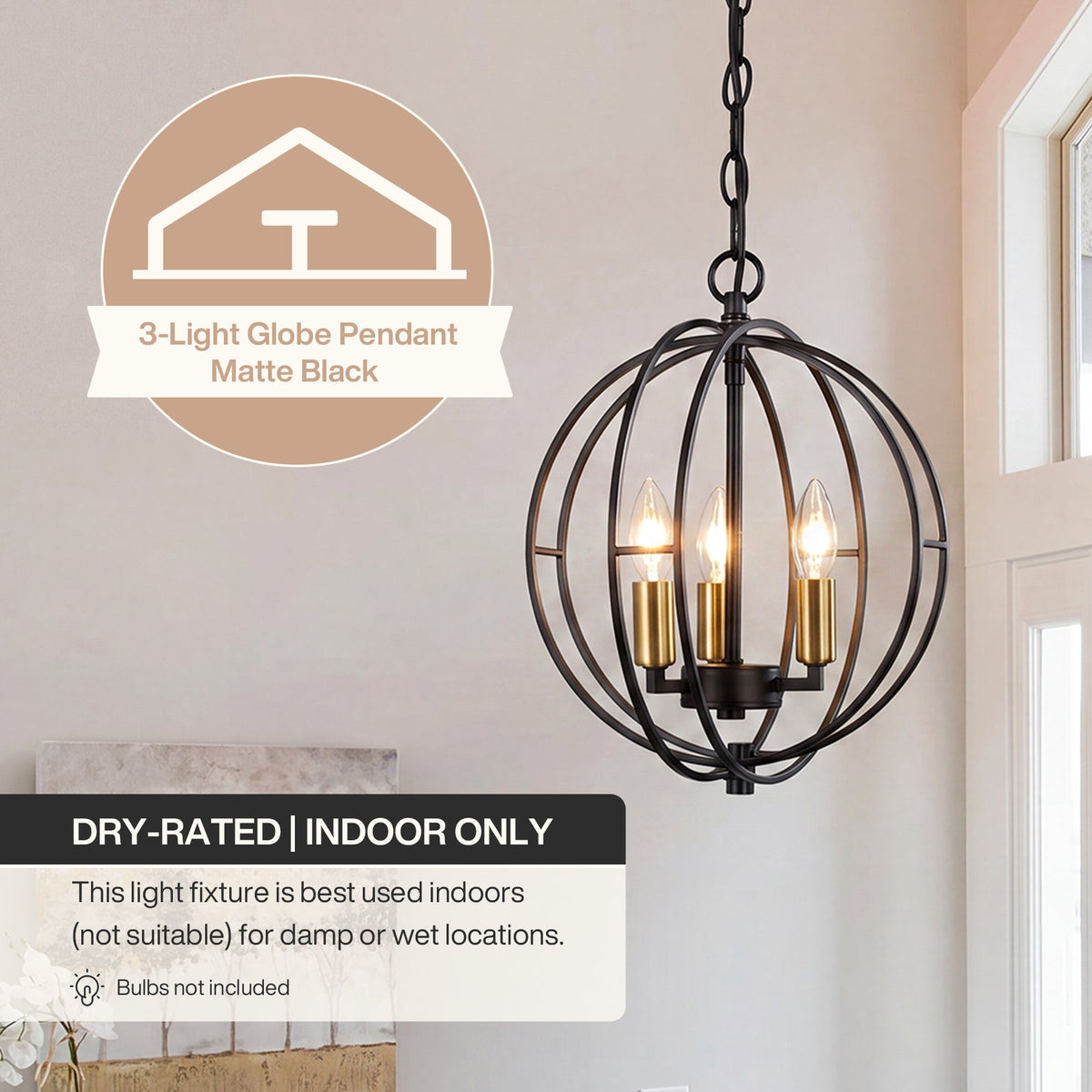 Matte black globe cage pendant light with three gold-finished bulbs, hanging indoors near a window
