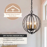 Matte black globe cage pendant light with three gold-finished bulbs, hanging indoors near a window