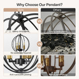 Black metal globe cage pendant light with gold accents, close-up of fixture structure