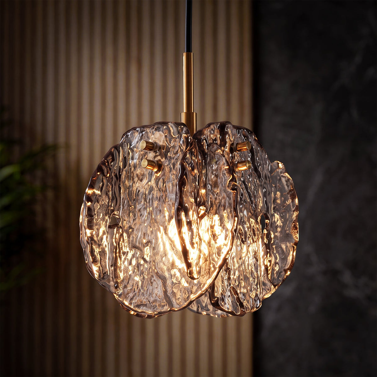 Black and Gold Pendant Light with Smoky Glass Shade, Adjustable Height