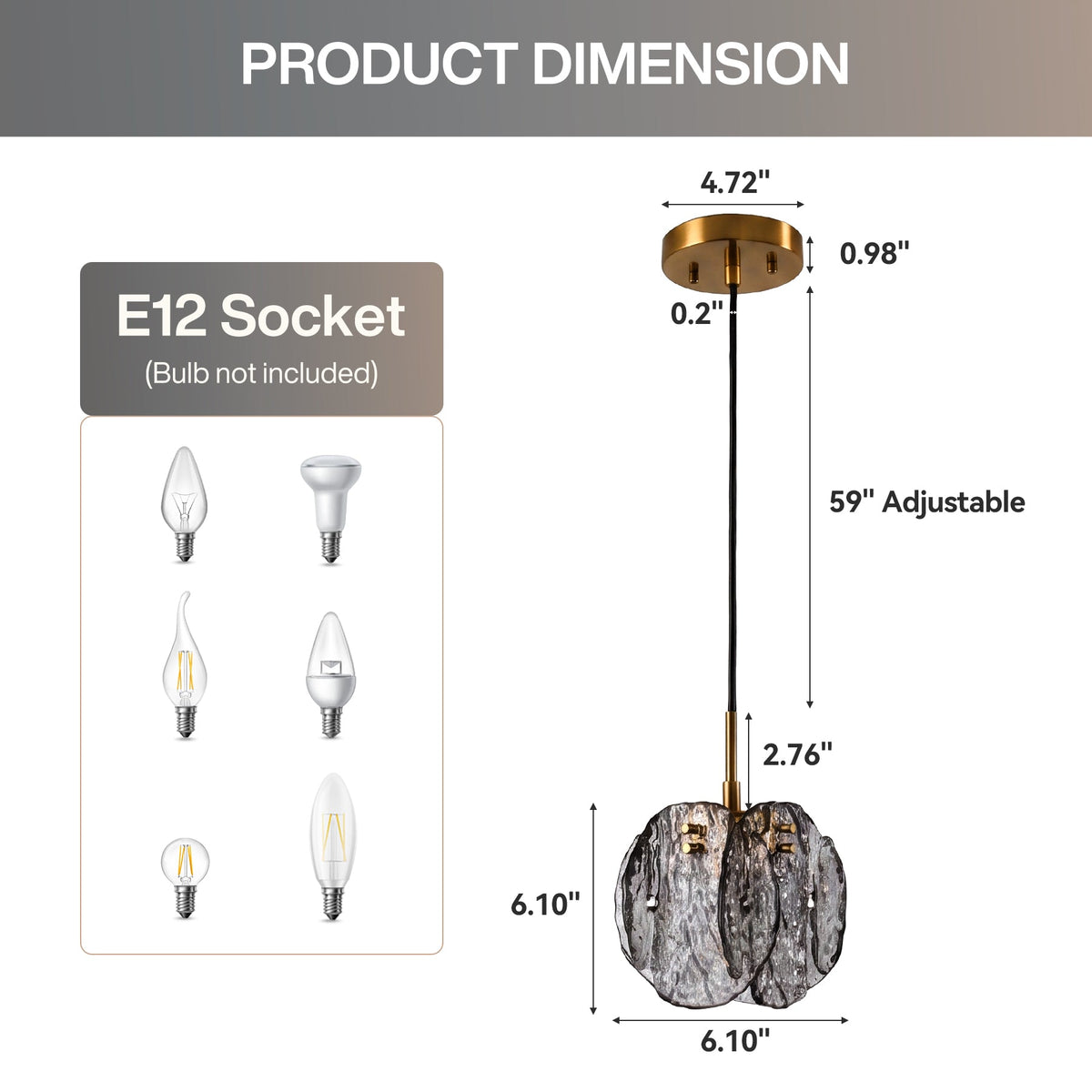 Black and Gold Pendant Light with Smoky Glass Shade, Adjustable Height