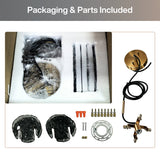 Black and gold pendant light with smoky glass shade, showing packaging and included parts