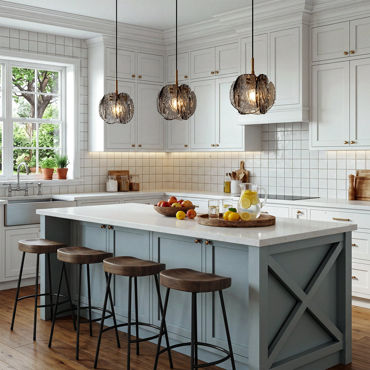 Three black and gold pendant lights with smoky glass shades hang over a kitchen island