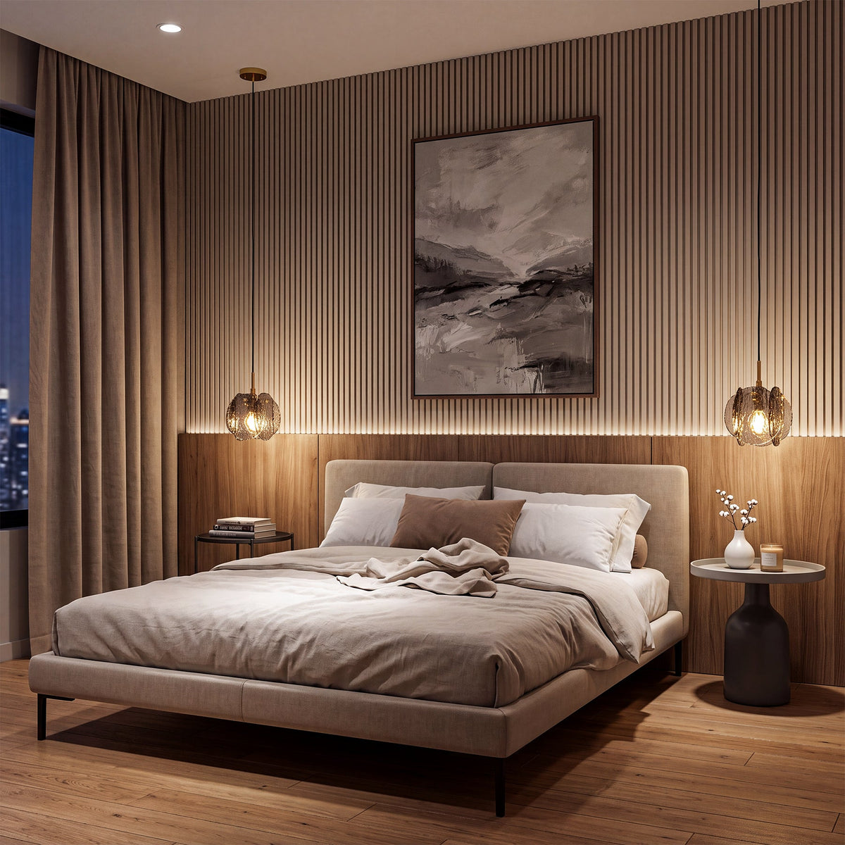 Black pendant light with gold accents and smoky glass shade, shown in a bedroom setting
