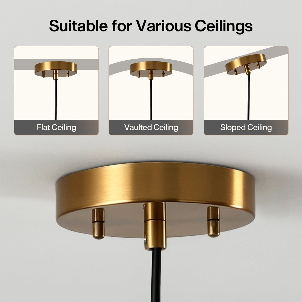 Black and gold pendant light with adjustable height, shown installed on flat ceiling