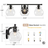 Matte black three-light vanity light with clear glass shades, 23.03" wide, E26 base socket