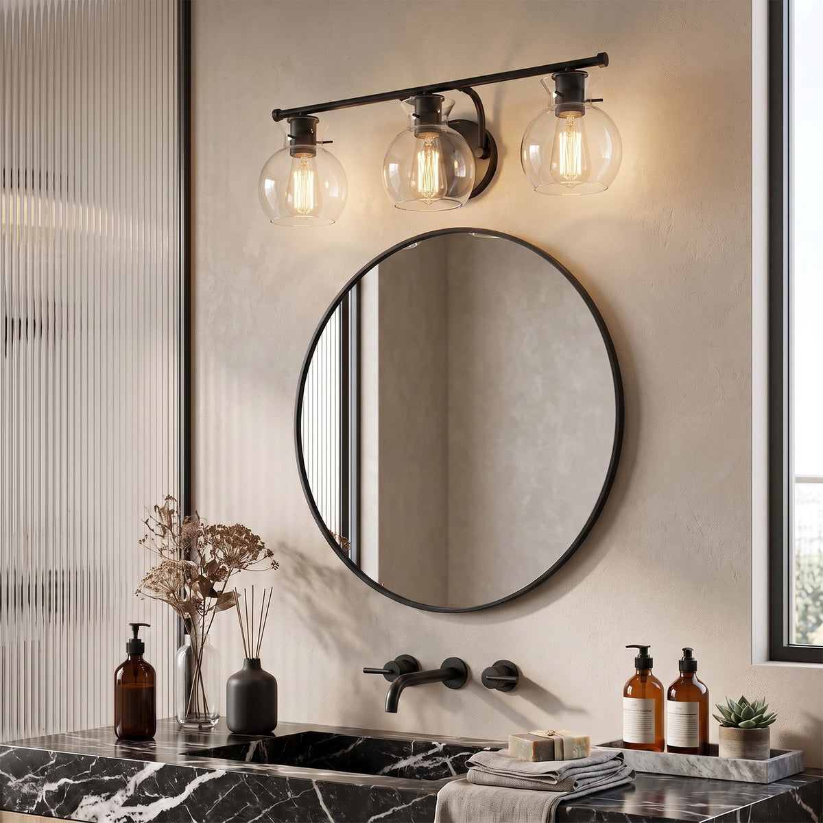 Matte Black Bathroom Vanity Light, Three-Light Clear Glass Shades