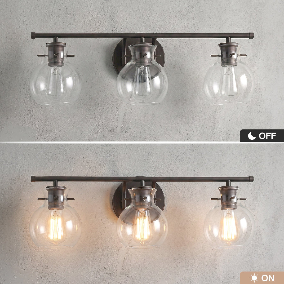 Matte black three-light vanity light with clear glass shades, shown off and on