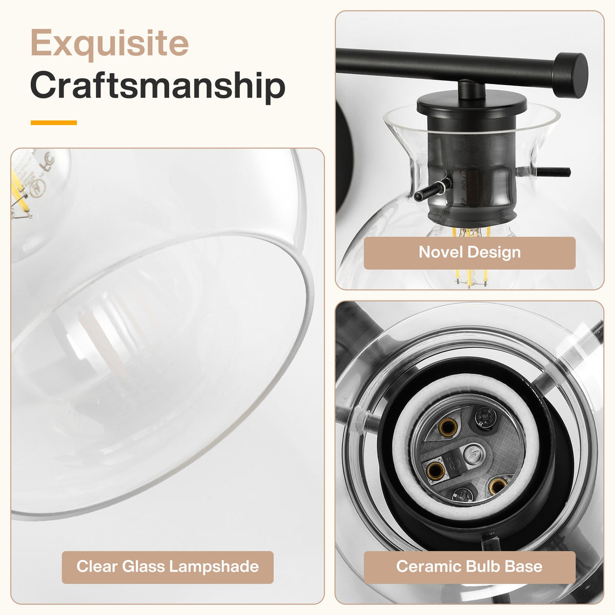 Matte black bathroom vanity light with clear glass shades and ceramic bulb base, close-up view
