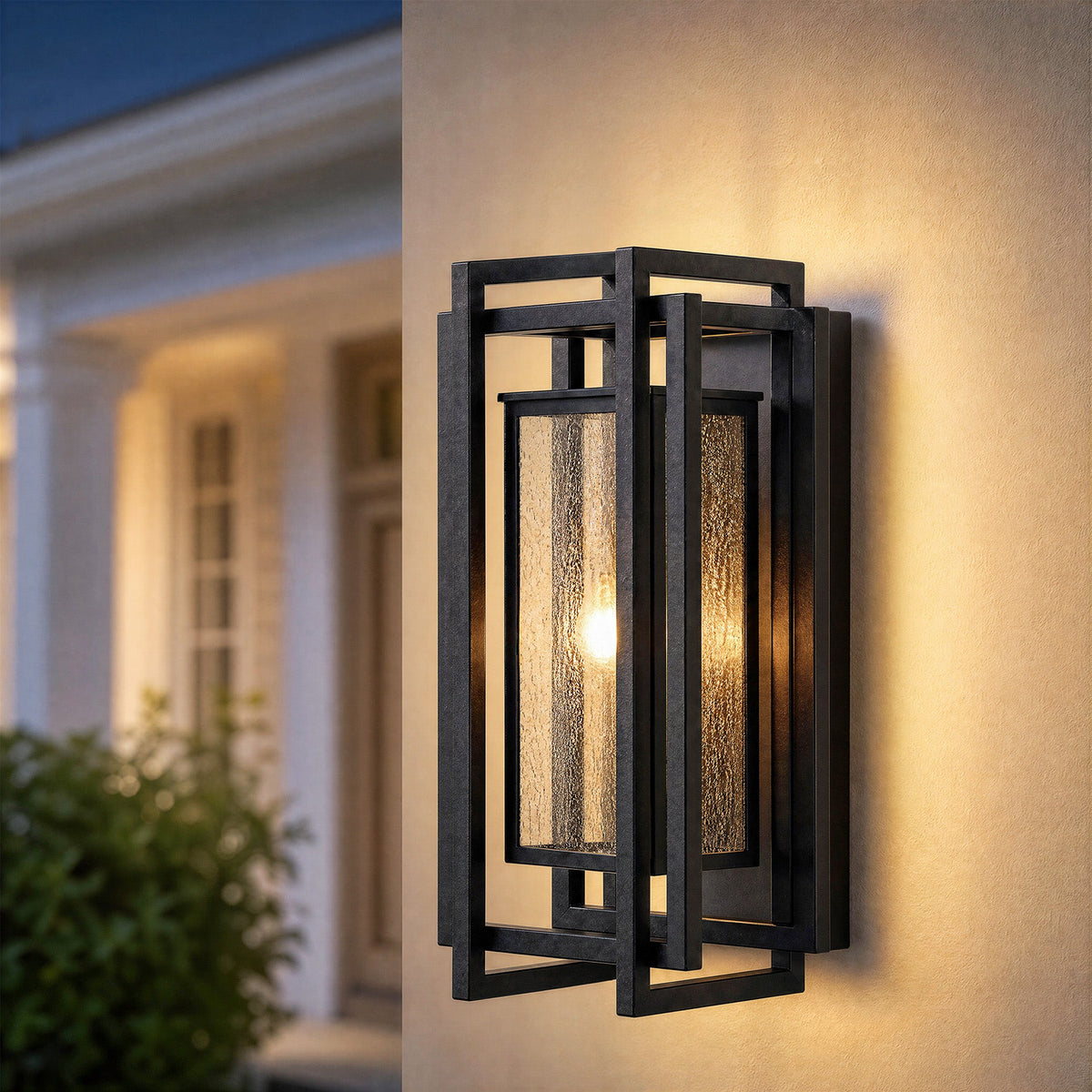 Black Outdoor Wall Sconce with Seeded Glass, Two-Light Porch Light