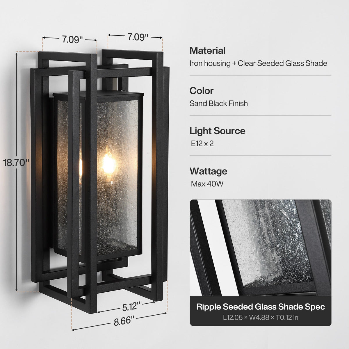 Black Outdoor Wall Sconce with Seeded Glass, Two-Light Porch Light