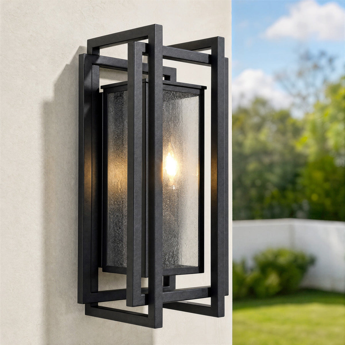 Black Outdoor Wall Sconce with Seeded Glass, Two-Light Porch Light