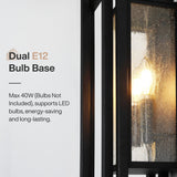 Black outdoor wall sconce with seeded glass, dual E12 bulb base, lit from within