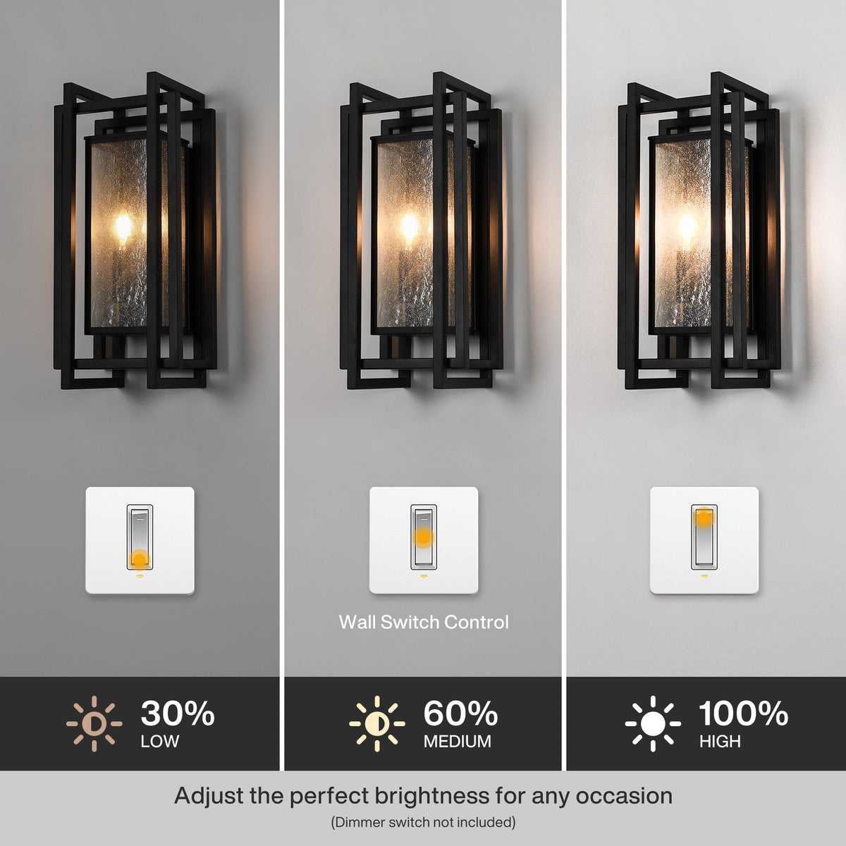 Black outdoor wall sconce with seeded glass, shown at three brightness levels via wall switch control