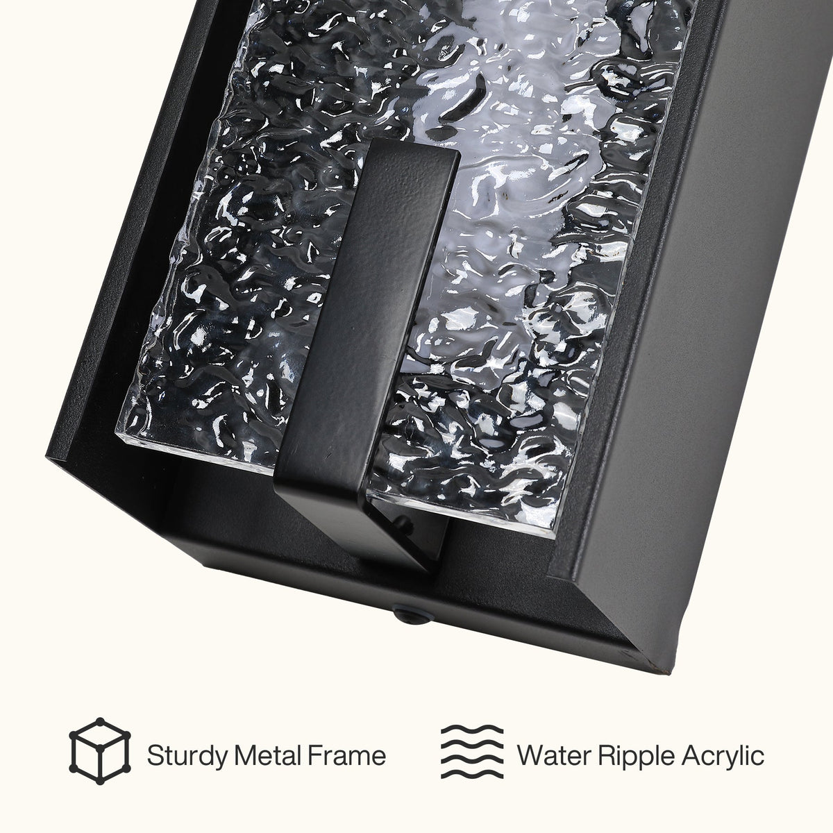 Black LED wall sconce with water ripple acrylic panel, angled close-up view