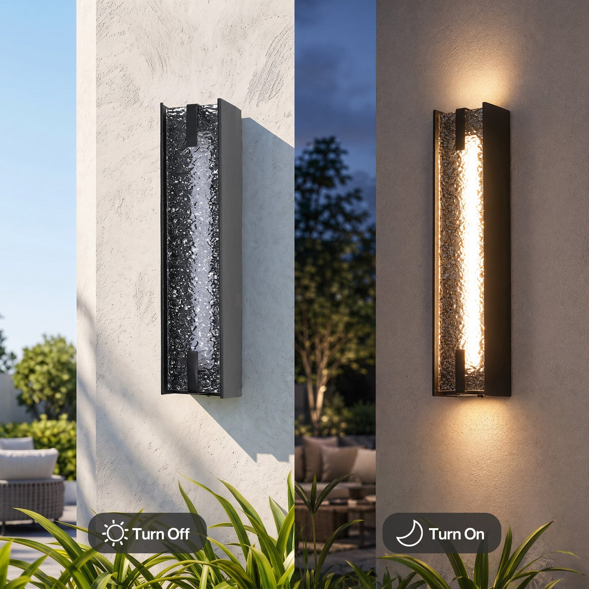 Black LED outdoor wall sconce with water ripple acrylic, shown lit on a textured wall at dusk