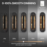 Black oval LED wall sconce with dimmable water ripple design shown at 0% to 100% brightness levels