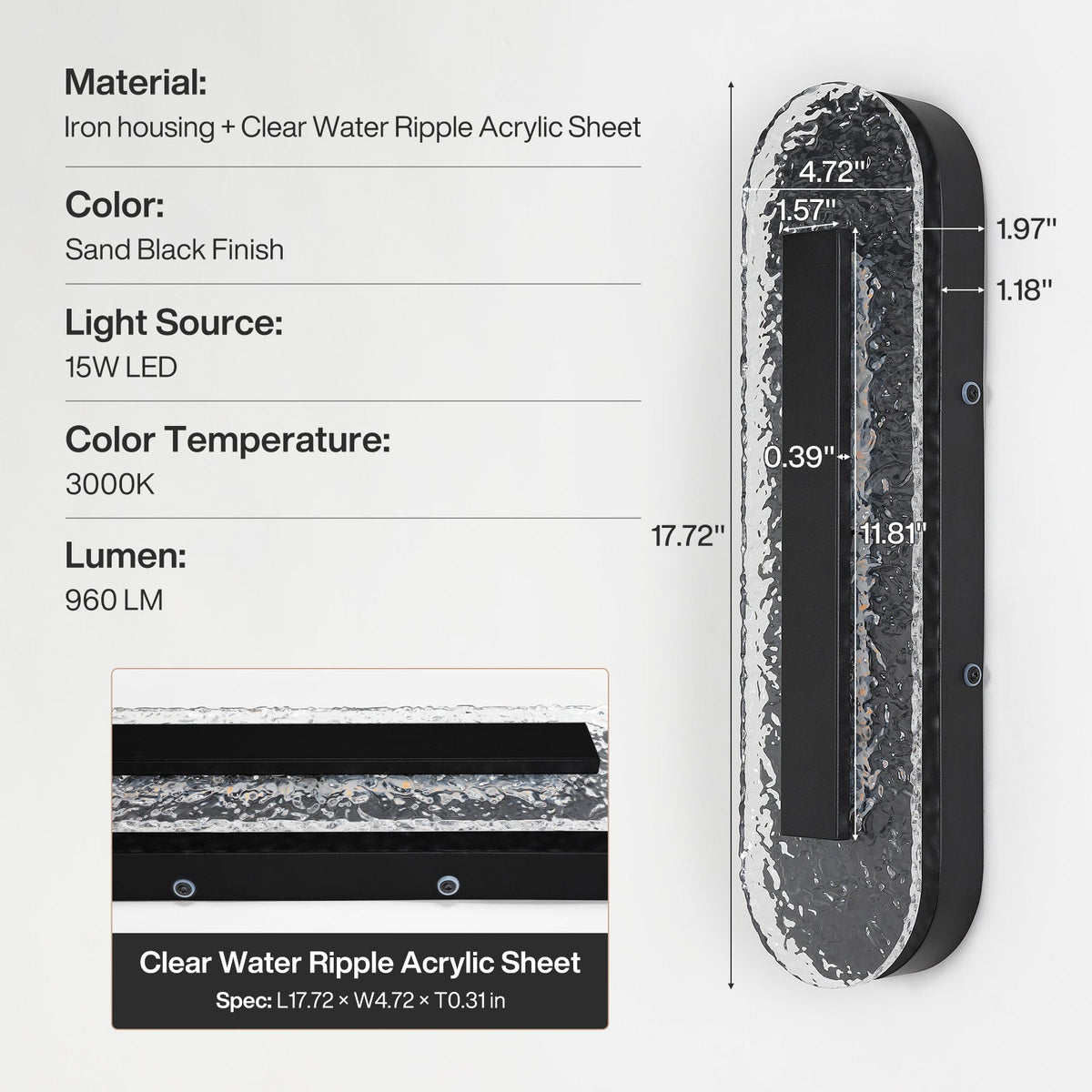 Black oval LED wall sconce with water ripple acrylic, 17.72" x 4.72" x 0.39" dimensions