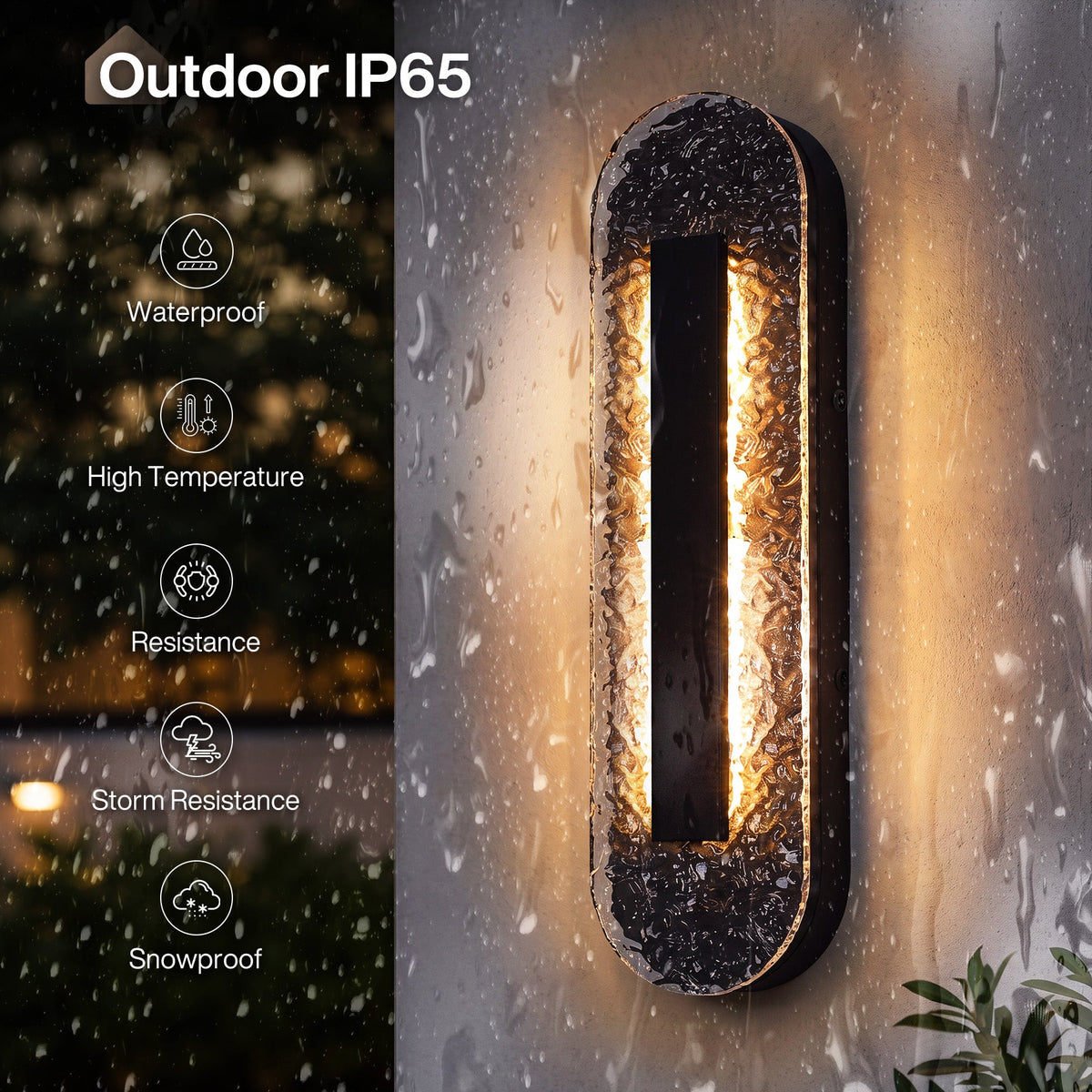 Black oval LED outdoor wall sconce with water ripple glass, shown lit on a wet wall at night