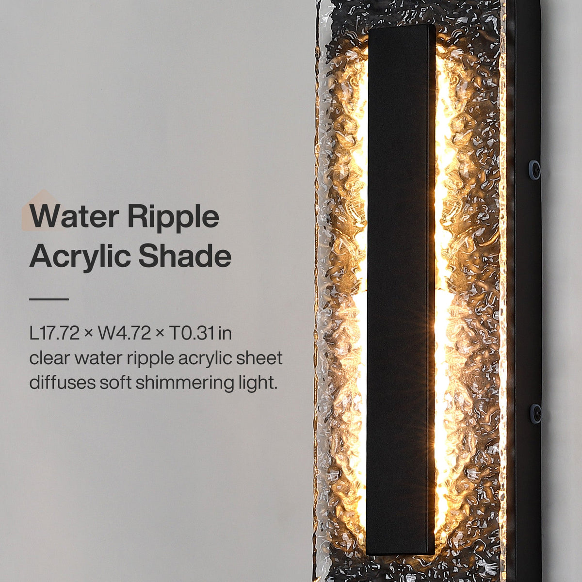 Black oval LED wall sconce with water ripple acrylic shade, 17.72 x 4.72 x 0.31 in