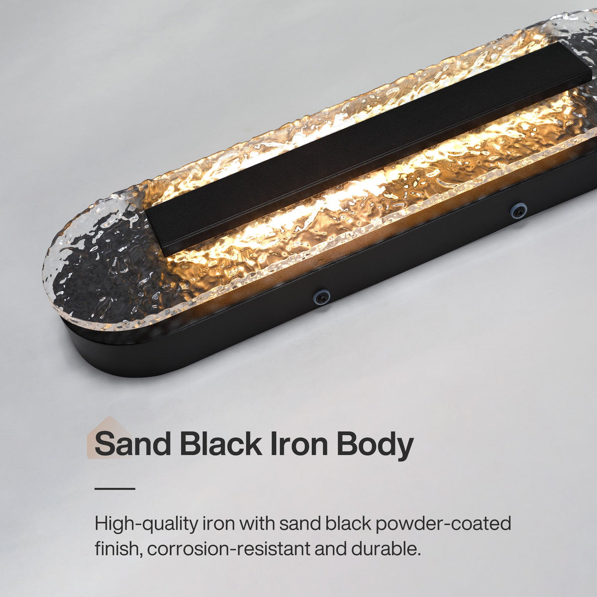 Black oval LED wall sconce with water ripple glass and sand black iron body, angled view