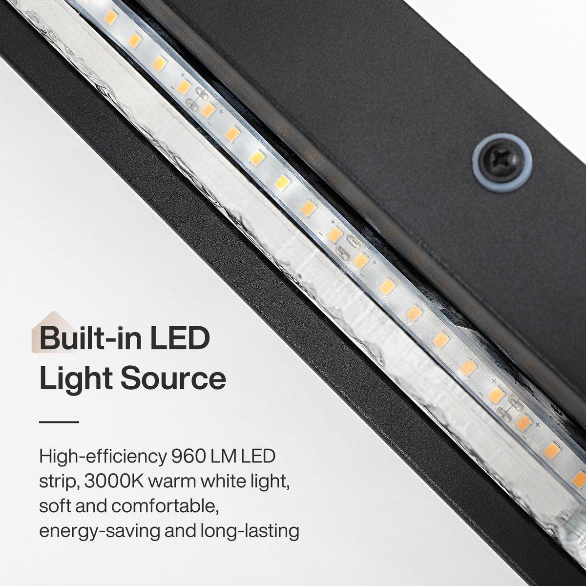 Close-up of black oval LED wall sconce showing built-in LED strip and screw
