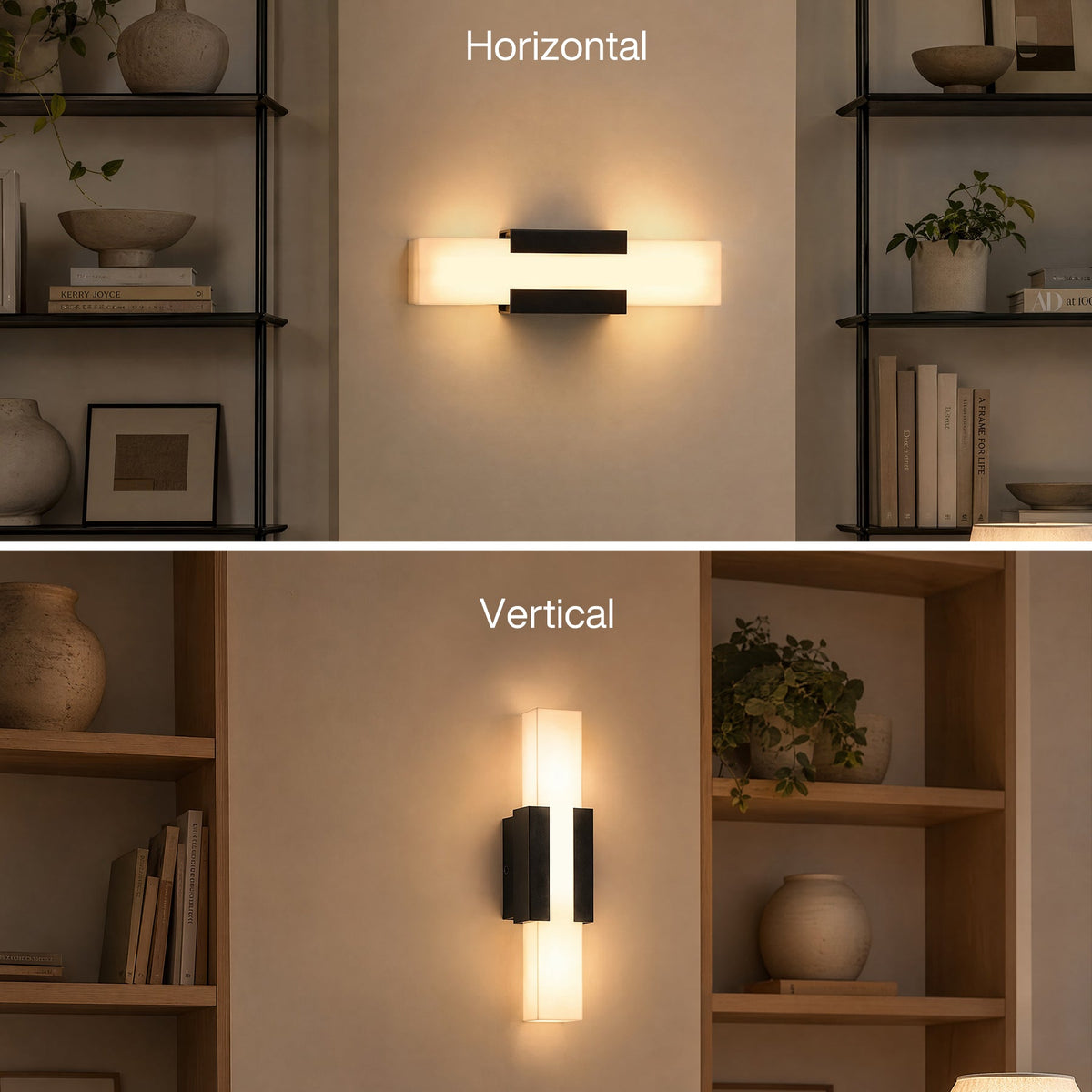 Black LED wall light with acrylic panels shown horizontally mounted on a wall