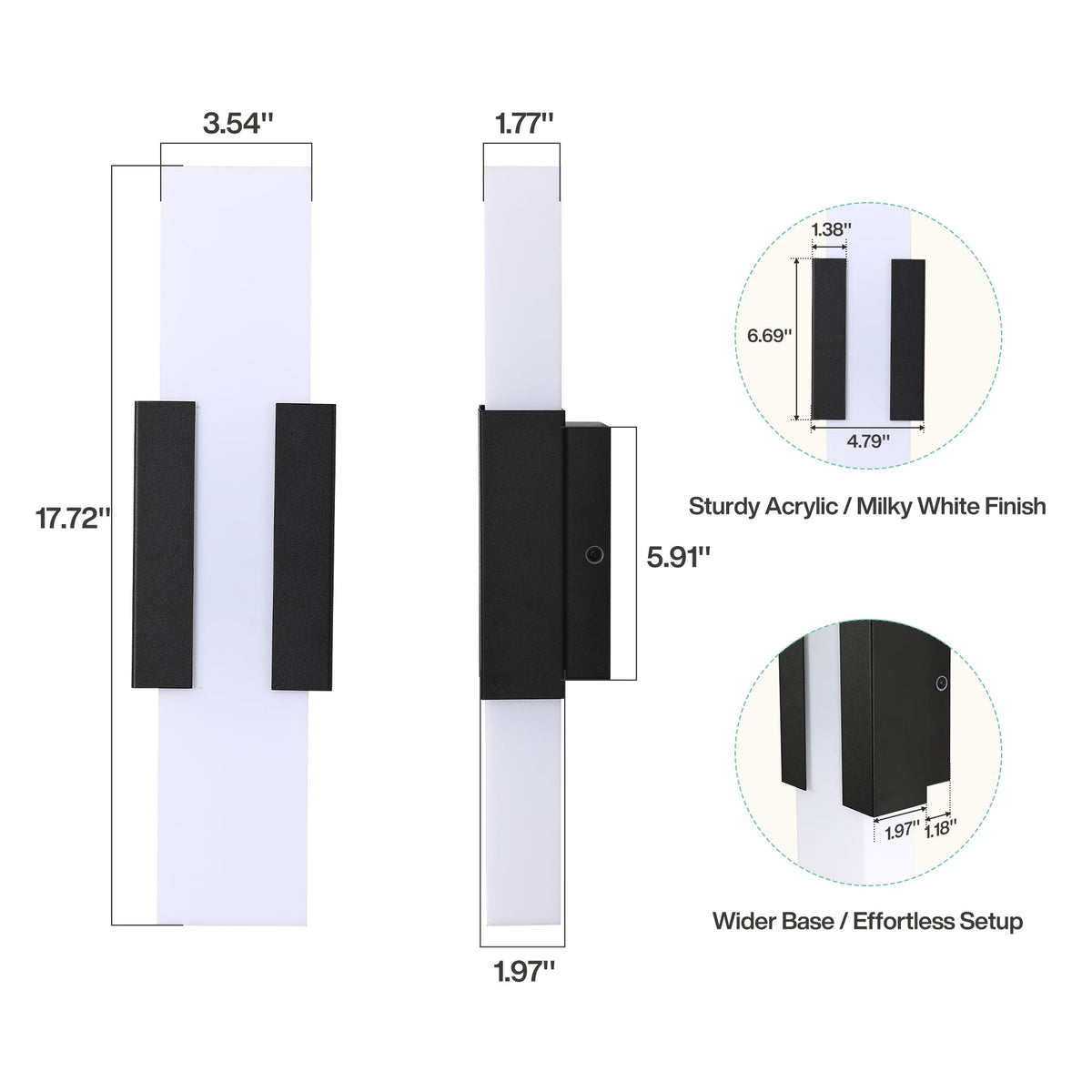 Black LED outdoor wall light with acrylic diffuser, shown with dimensions 17.72" x 3.54" x 1.97