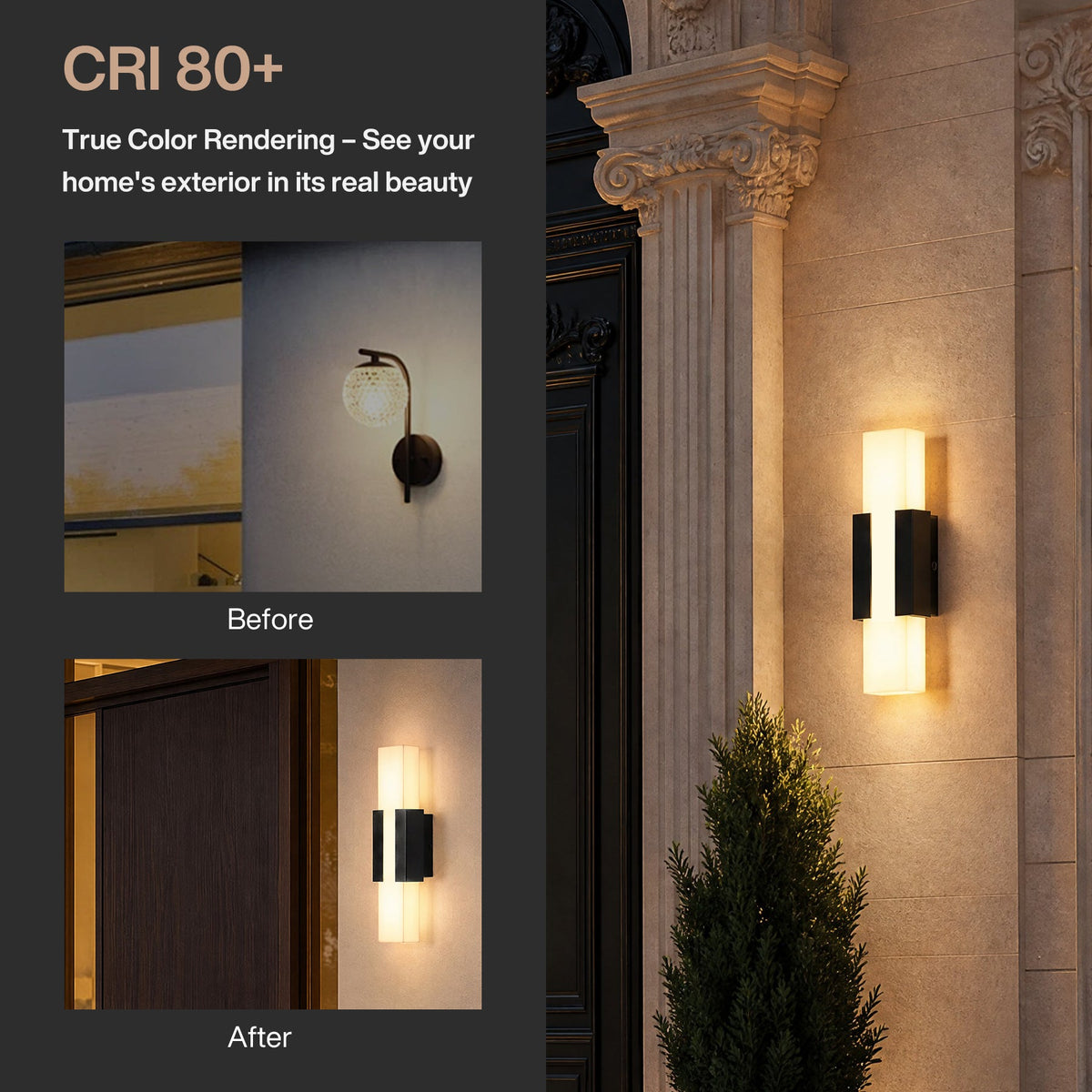 Black LED outdoor wall light with acrylic panels mounted on stone wall beside door