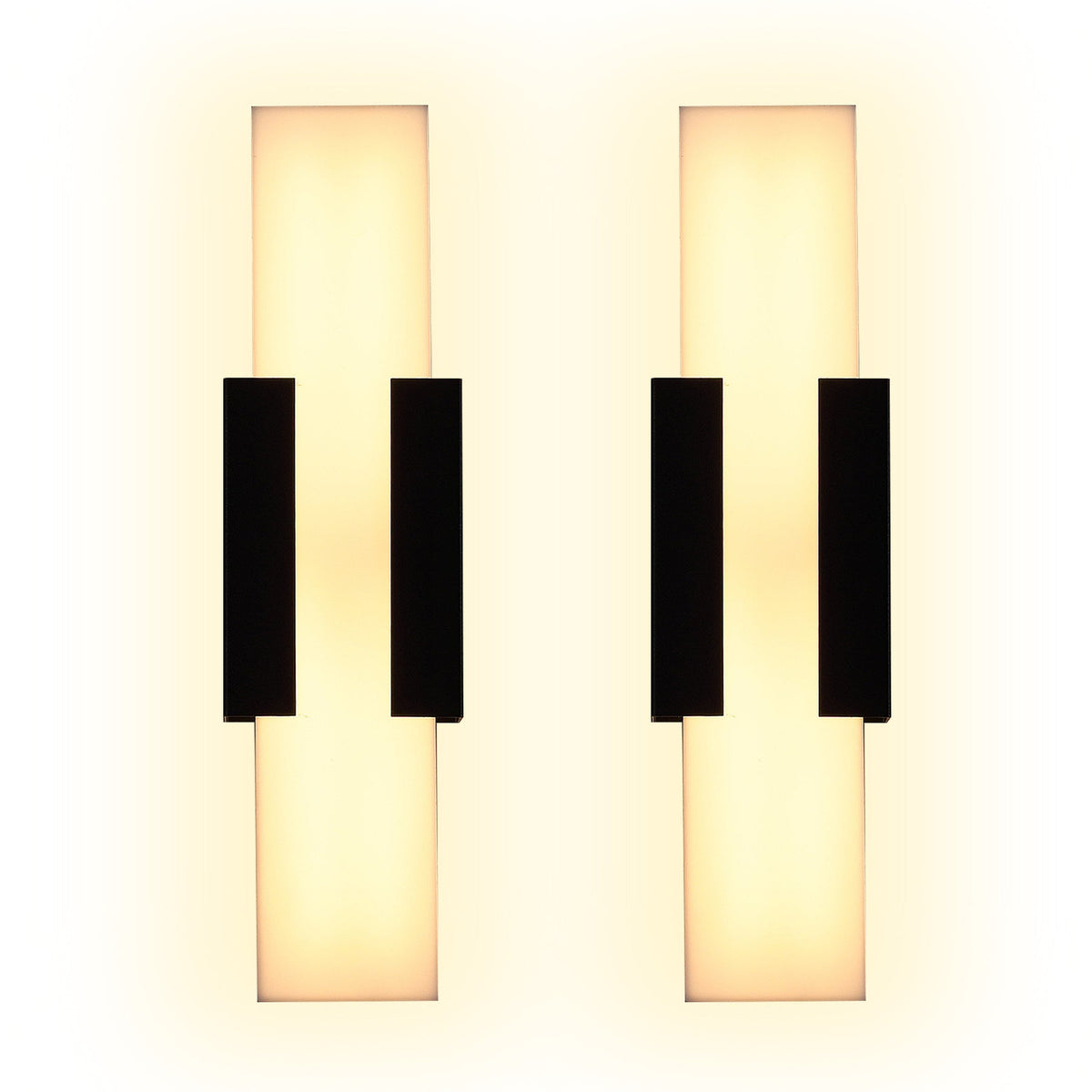 Black LED outdoor wall light with acrylic panels, shown from front view