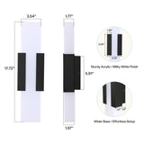 Black LED outdoor wall light with acrylic diffuser, showing dimensions 17.72" x 3.54" x 1.97