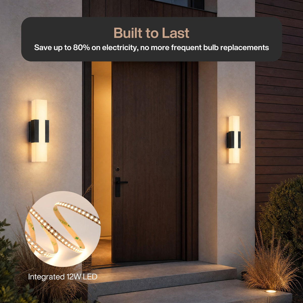 Black LED outdoor wall light with acrylic shade mounted on wall beside wooden door
